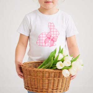 Wielkanocny Króliczek Klipart: Różowa, imitacja aplikacji w kratkę gingham z kokardą (pobieranie cyfrowe)