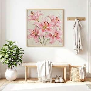 Pink Lilies Abstract Oil Painting Print: Square Floral Wall Art (Digital Download)