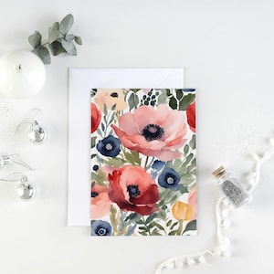 Tarjeta de felicitación floral para cualquier ocasión, tarjeta de amapola en acuarela, imprimible, interior en blanco, tamaño carta A4, descarga instantánea