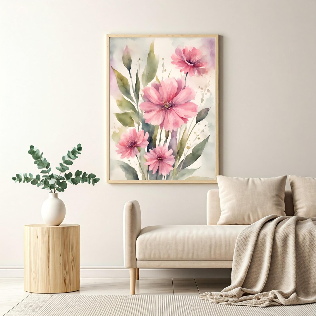 Pink Floral Wall Art Digital Download, Watercolor Botanical Print ...