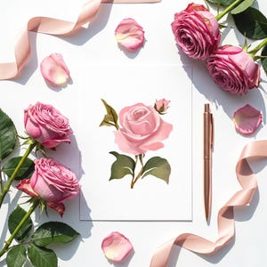 Pink Watercolor Rose Greeting Card: Printable Floral Design with Gift Tag (Digital Download)