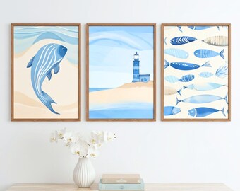 Set di stampe murali a tema nautico: Casa sulla spiaggia blu (Download digitale)