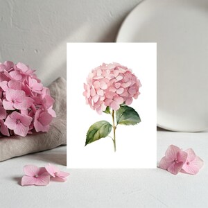 Tarjeta de felicitación con hortensias rosas, tarjeta floral imprimible, para cualquier ocasión, descarga digital, interior en blanco, para imprimir en casa, tamaño A4 y carta.