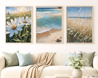 Beach Wall Art Set of 3 : Coastal Daisy Floral Ocean Landscape Prints (Digital Download)