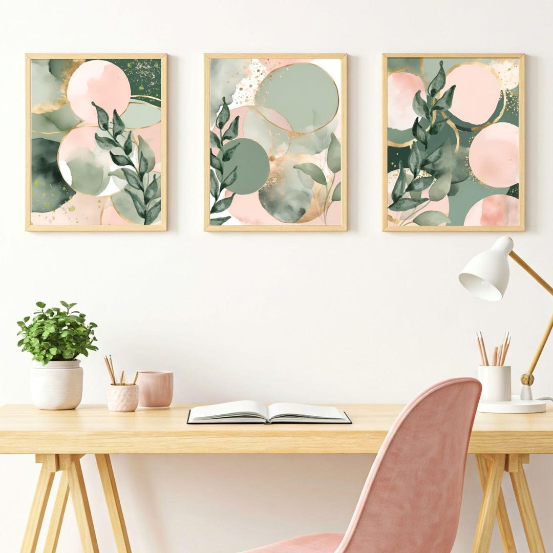 Botanical Wall Art Set: Sage Green & Pink Abstract Prints (digital ...