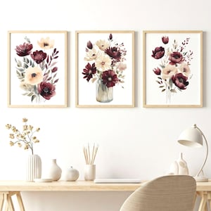 Burgundy Watercolor Flowers Art Prints: Botanical Home Decor (Digital Download