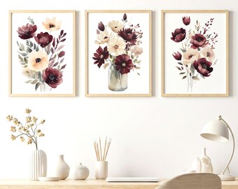 Burgundy Watercolor Flowers Art Prints: Botanical Home Decor (Digital Download)