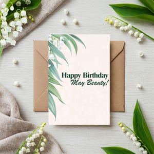 Tarjeta de cumpleaños de mayo imprimible con flores de nacimiento, lirio de los valles, tarjeta de felicitación digital, tarjetas para toda ocasión, descarga instantánea, regalo de cumpleaños