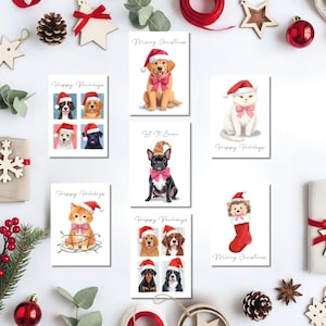 Set di biglietti di auguri natalizi stampabili con animali domestici per auguri di Natale, regali per famiglie, amici, ufficio, etichette fai da te, modelli di buste, set di 7