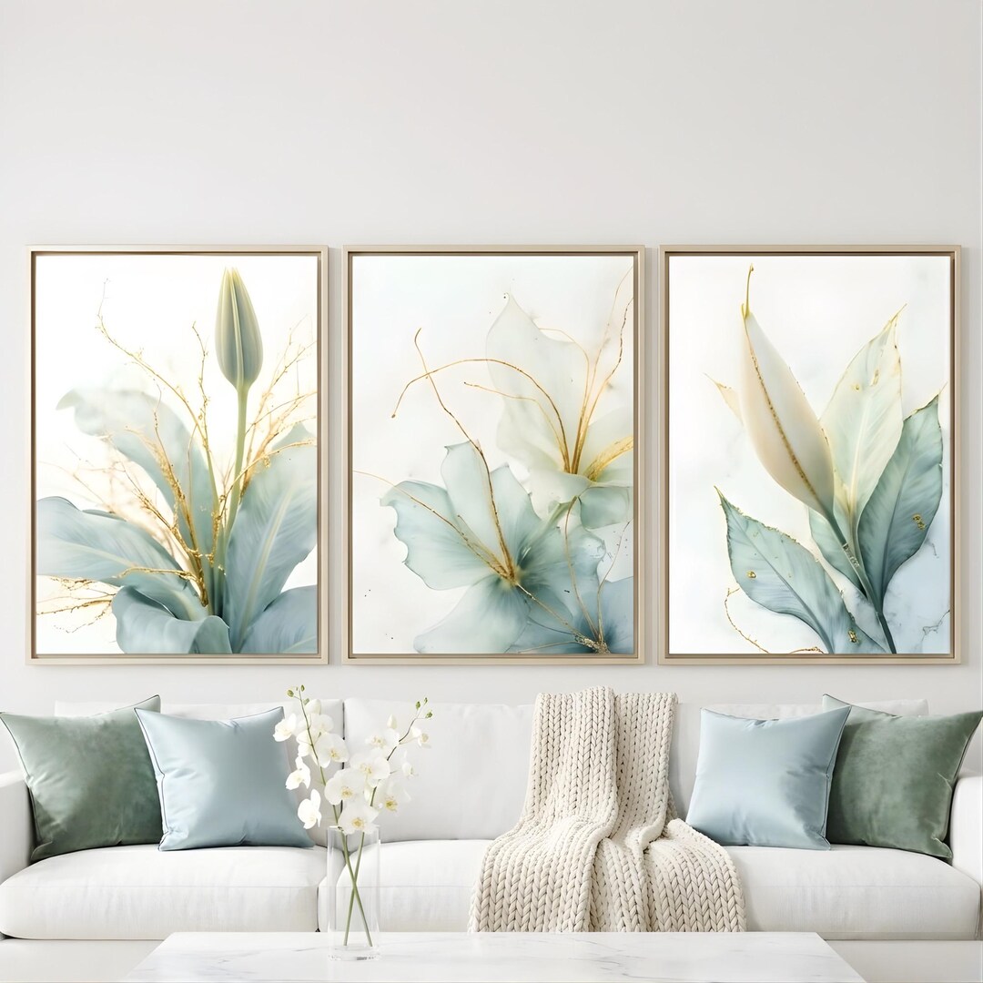 Botanical Wall Art Set : Teal Gold Floral 3 Piece Bedroom Decor ...