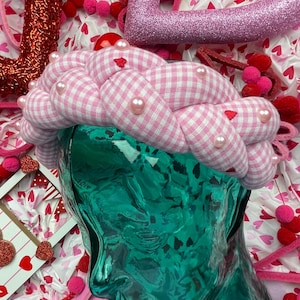 Gingham Braided Headband | Pink Braided Headband | Valentine Day Braided Headband | Hair Acessory | Pink Satin Valentine Day Headband