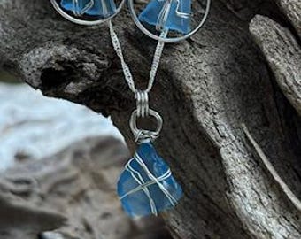 Blue Sea Glass Necklace and Earring Set