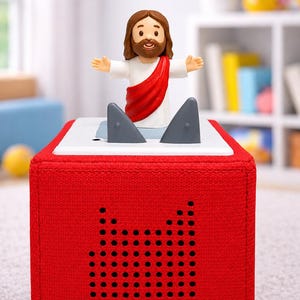May include: A red fabric-covered speaker cube featuring a small figurine of a person with brown hair and a beard wearing a white robe with a red sash, positioned between two gray shark fins on the white top surface of the device.