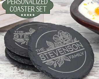 Personalized Family Name Slate Coasters | Wedding Gift | Set of 4 or 6