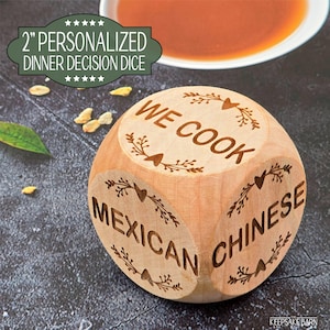 Personalized Wooden Dinner Decision Dice | Fun Couples Gift | 5 Year Anniversary Dice | Large 2&quot; Dinner Dice for Wedding or Birthday