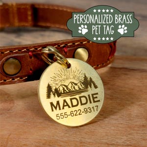 Personalized Brass Dog Tag with Mountain Scene - Custom Pet ID Tag, Durable Engraved Metal Pet Tag, Gift for Pet Owners