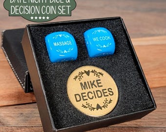 Personalized Brass Decision Coin & Date Night Dice Set - Couples Gift, Custom Wedding Gift, Anniversary Game, Fun Date Night Idea