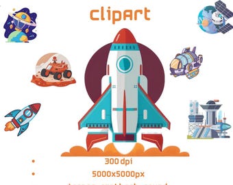 Rocket Ship Clipart, Rocket Clipart- 13 Space clipart set- Rocket png- Commercial use- Space clipart- Cartoon rocketship- Rocketship png