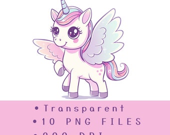 May include: A cute cartoon unicorn with a rainbow mane and tail, large eyes, and sparkling wings. The unicorn is standing on a white background.