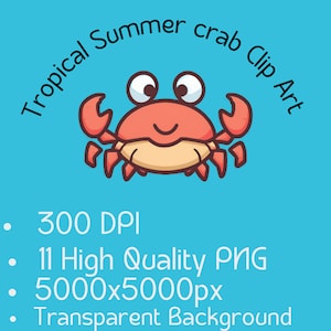 Kawaii Crab Clip art set- Tropical Crab Clip art bundle- 11 PNG files- personal and commercial use-