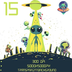 Alien Clip Art Bundle: 15 Cute Alien PNG Graphics | Space-themed Digital Stickers | Commercial Use Allowed | Extraterrestrial Design Pack
