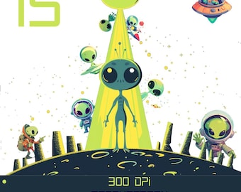Alien Clip Art Bundle: 15 Cute Alien PNG Graphics | Space-themed Digital Stickers | Commercial Use Allowed | Extraterrestrial Design Pack