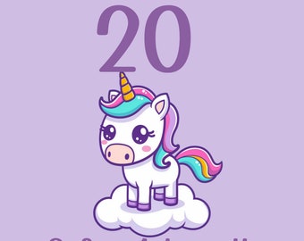 May include: A digital clipart bundle of 20 cute cartoon unicorns. The unicorns are white with rainbow manes and tails. They are standing on clouds. The text "20" and "2 for 1 bundle" is included in the image.
