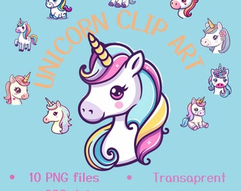 May include: A set of 10 digital clip art images featuring cute cartoon unicorns in various poses. The unicorns are white with colorful manes and tails, and some have flowers or hearts. The text "Unicorn Clip Art" is written in a whimsical font around the main image. The images are 300 dpi and 5000x5000 pixels.