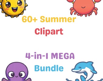 60+ Summer Clip Art Mega Bundle: 4-in-1 Deal!  Cute Summer Graphics Clip art - Kawaii Summertime Digital Clipart Bundle, Commercial use.