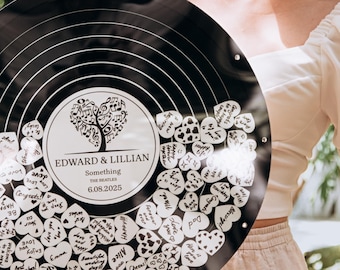 Customizable Wedding Guestbook Sign with Wooden Hearts and Vinyl Record Frame, Rustic Alternative Guestbook for Unique Weddings