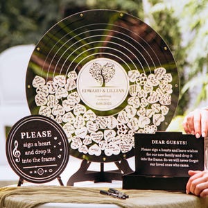 Personalized Wedding Guest Book Alternative: Vinyl Record Drop Box with Wooden Hearts