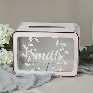 Gepersonaliseerde bruiloft aandenkendoos als cadeau voor koppels, kartonnen doos met sleuf, houten acryl spaarpot, rustiek decor, jubileumcadeau