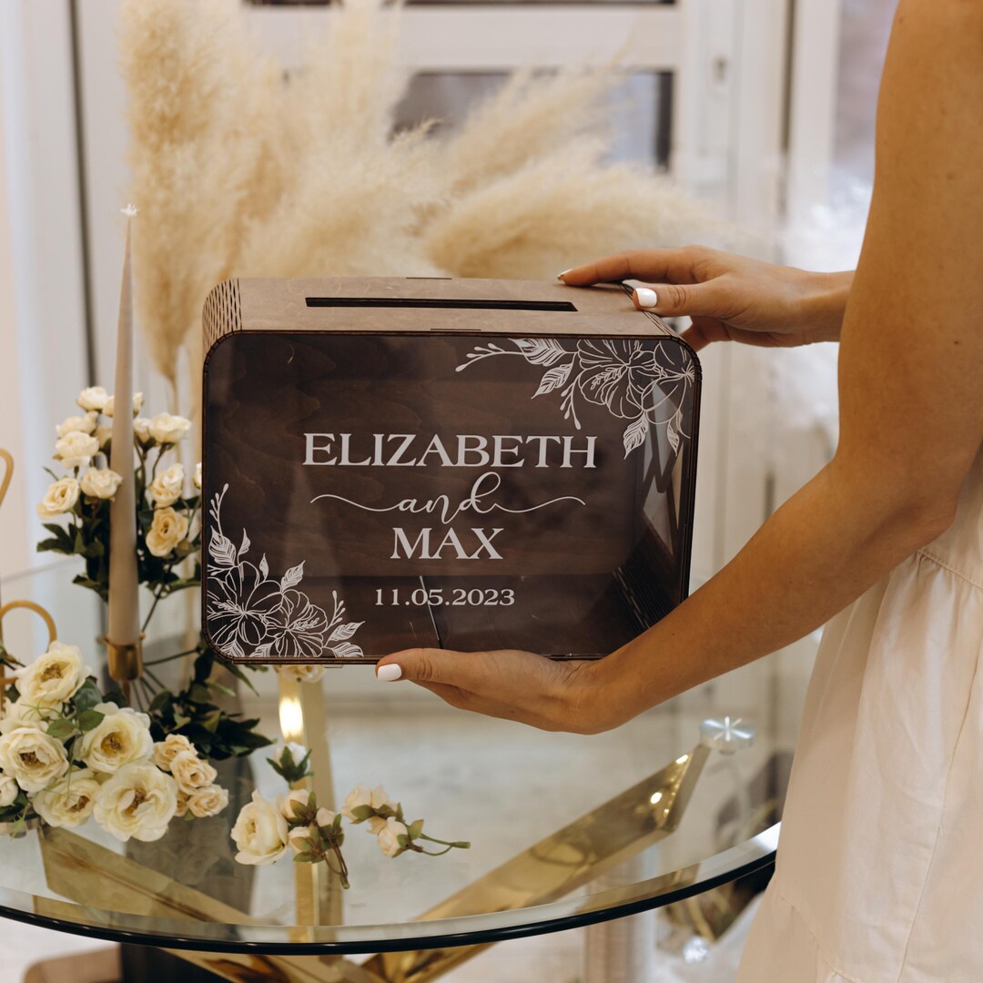 Wooden Wedding Card Box With Acrylic Front and Personalized Floral ...