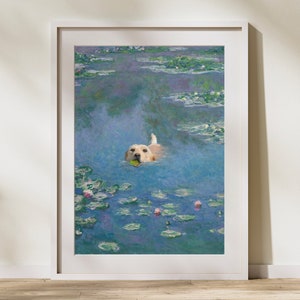 Könnte beinhalten: Ein weißer Hund schwimmt in einem Teich mit blauem Wasser und grünen Seerosen. Der Hund hält einen grünen Ball im Maul. Das Gemälde ist im Stil von Claude Monet.