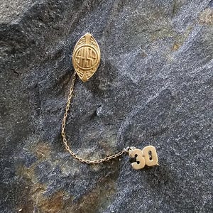 May include: Gold-toned class ring with a chain and a number 30 charm. The ring features a raised oval design with the letters "SHS" inside.