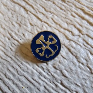 May include: A blue and gold pin with a stylized design of a four-leaf clover with a star in the center.
