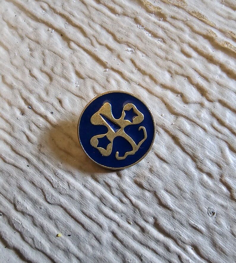 May include: A blue and gold pin with a stylized design of a four-leaf clover with a star in the center.