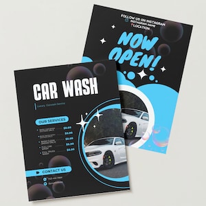 Modelo editável de folheto de lavagem de carros, logotipo de lavagem de carros, modelo de preços de lavagem de carros, serviços de carros, site de lavagem de carros, folhetos de mídia social, automotivo