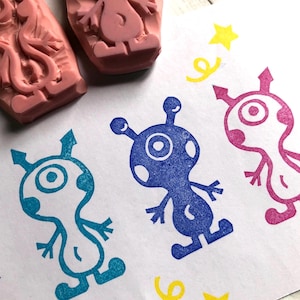 Alien ET hand carved rubber stamp set//Outer space and UFO Birthday gift for boys//Lemuria art