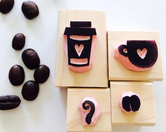 Coffee rubber stamp set//Cafe//Drink menu//Tea//mug//coffee bean/hand carved rubber stamps by Happie Stamps