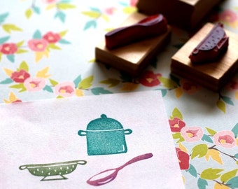Kitchen rubber stamp set - three hand carved rubber stamps