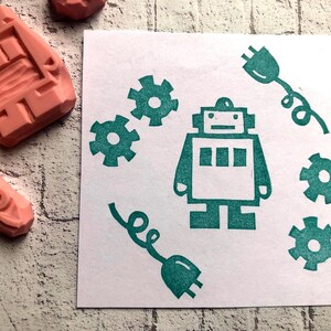 Robot rubber stamp//Spaceship stamp//cyborg//Bot//Custom name stamp gift//Robot themed birthday party gift//hand carved and hand crafted