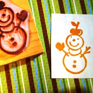 Snowman rubber stamp/Christmas/holidays/winter/snowflakes/Frosty//apple/mail art/Christmas cards/envelopes/hand carved rubber stamp by HS