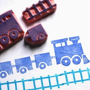 Juego de sellos de goma de tren // Sello de Thomas la locomotora // Chuggington // Tren bala // Locomotora // Ferrocarril // 3 sellos de goma tallados a mano