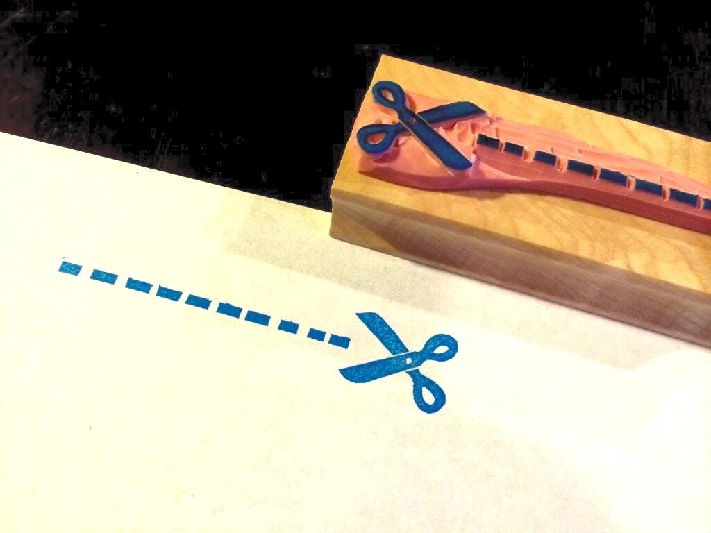 Cut Here Rubber Stamp//scissors//dotted Line//cutter// Hand Carved and ...