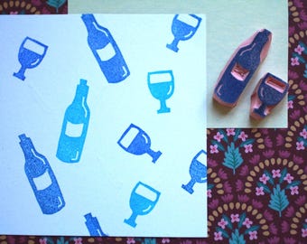 Wine bottle Beer Bottle and glass rubber stamp set//Food stamp set//Drink rubber stamp//  hand carved and hand crafted by Happie Stamps