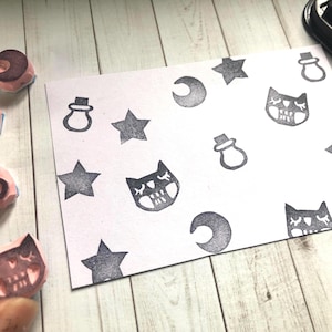 Goth-minirubberstempelset // Nachtstempel // Halloween-stempel // Gifstempel/uilstempel / Ster- en maanstempel / met de hand gesneden handgemaakt
