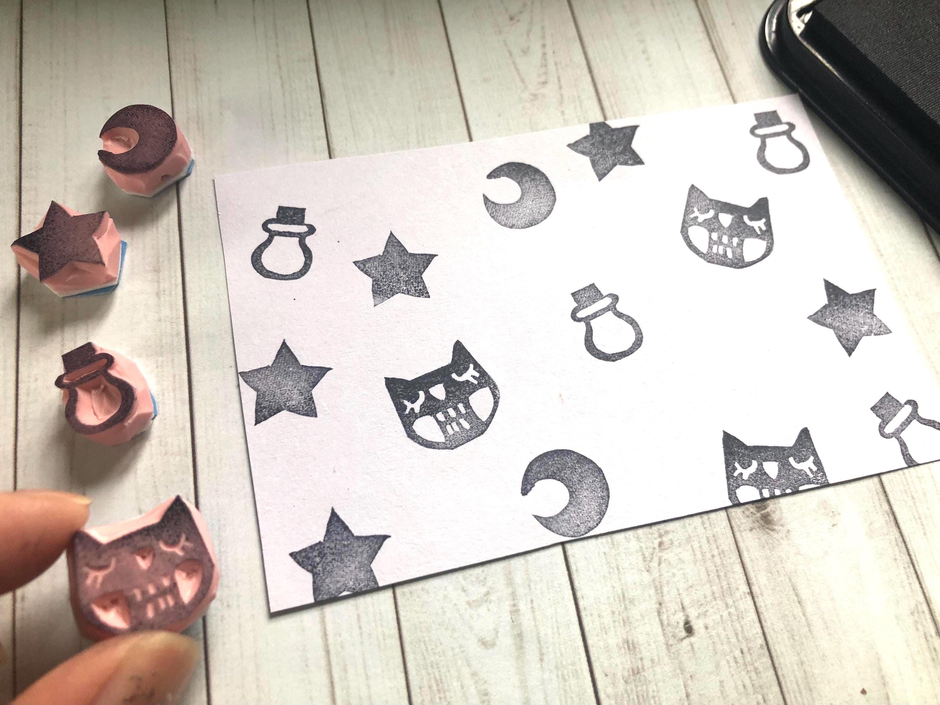 Goth mini rubber stamp set // Night themed stamp// Halloween stamp // Poison stamp/owl stamp/ Star and moon stamp / hand carved hand crafted