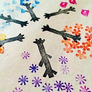 Jeu d'estampes Arbre/Timbres forêt/Feuille/oiseau/fleur/goutte de pluie/flocon de neige/Sculpté à la main et fabriqué à la main par des tampons Happie