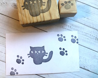 Cat & Paw rubber stamp for cat lady kitten lover //hand carved pet stamp set